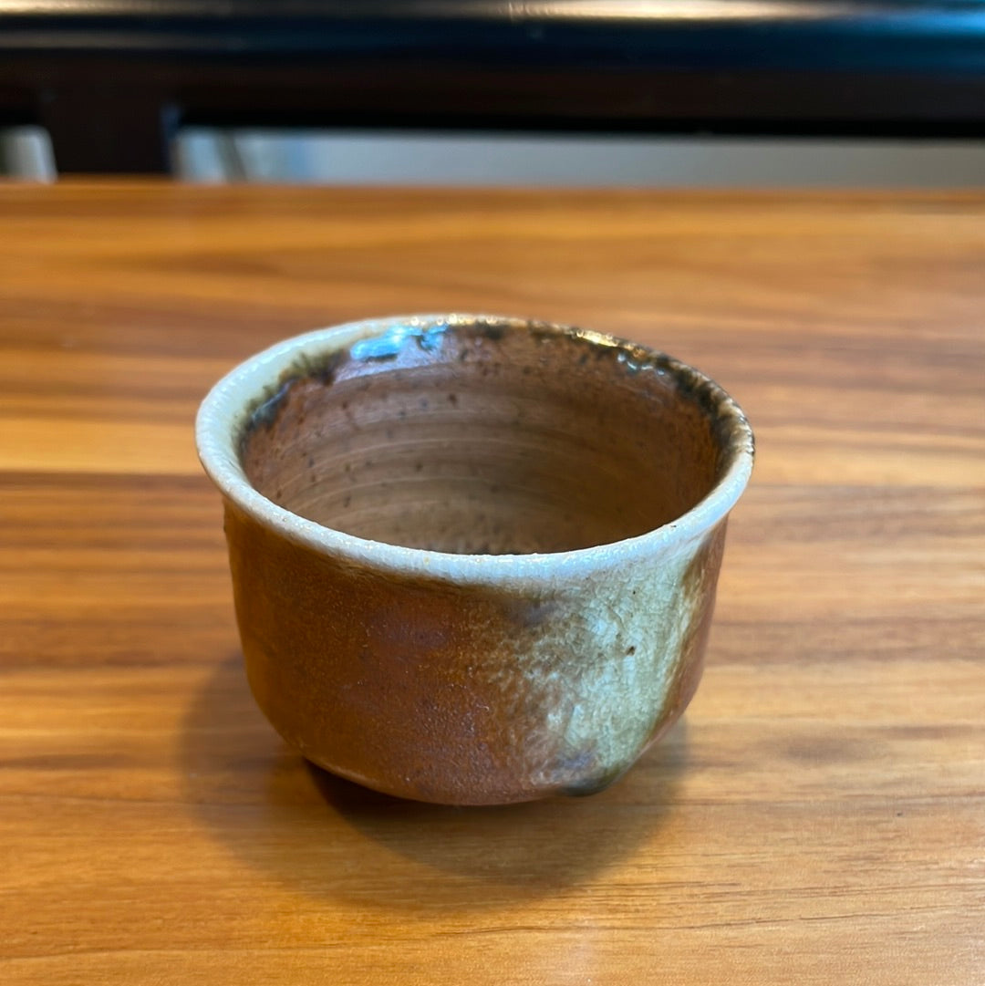 Cream-glazed lip, lightweight, Bizen ware anagama wood-fired ochoko, Japan vintage