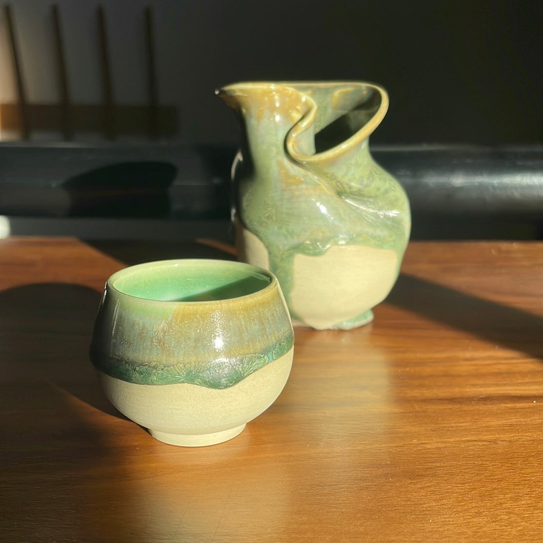 (Portland made) Porcelain solo set with aqua green glaze & folded tokkuri
