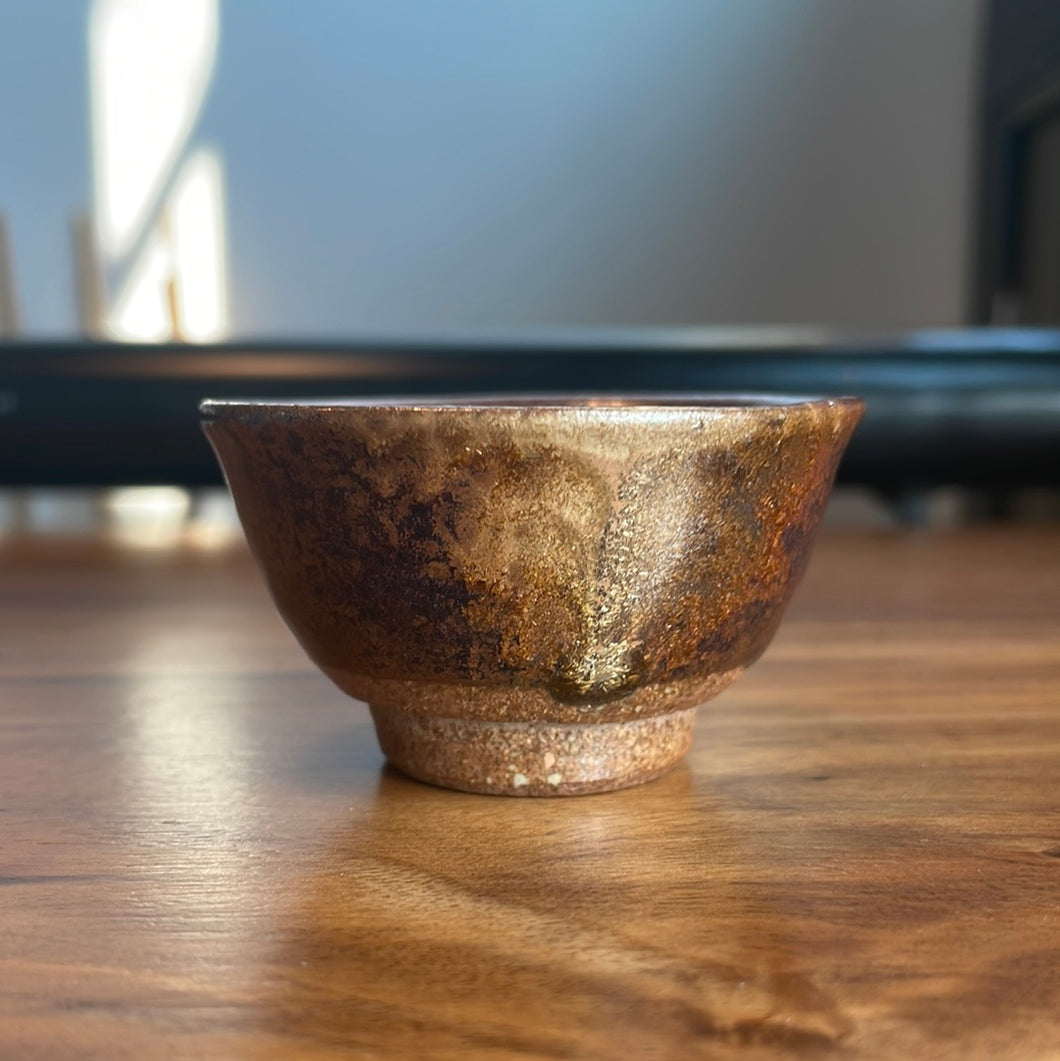 Vintage red-brown Karatsu-ware ochoko with gold drip