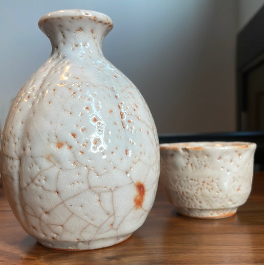 Vintage chunky, ivory and red glazed tokkuri & guinomi