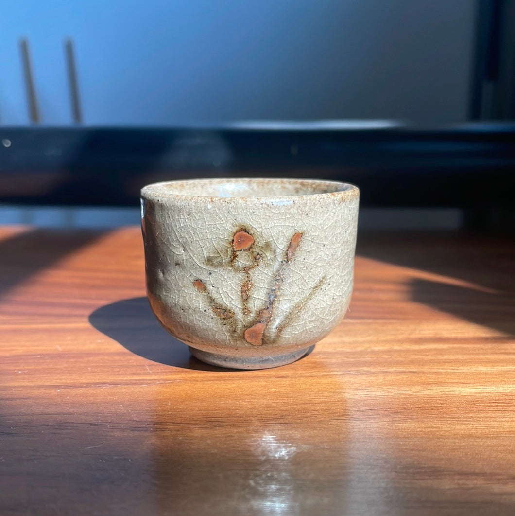 Vintage sage green Mashiko-ware ochoko with flower detail