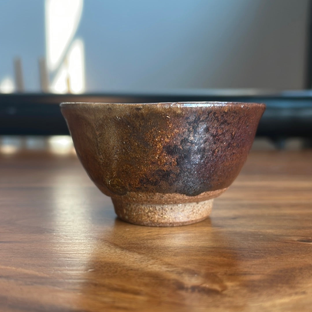 Vintage red-brown Karatsu-ware ochoko with gold drip