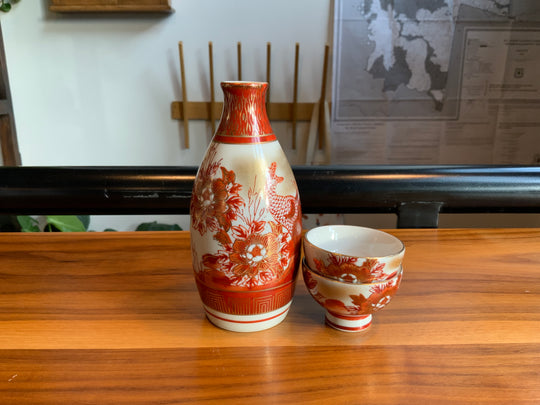 Vintage Kutani-yaki red & gold sake set for 2- peacock design