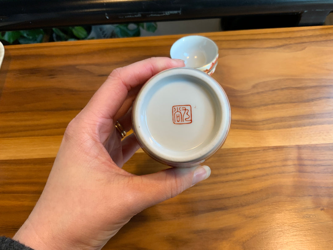 Vintage Kutani-yaki red & gold sake set for 2- peacock design