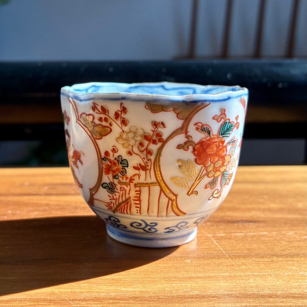 Hand-painted Imari-yaki sakazuki with sakura detail, Japan vintage