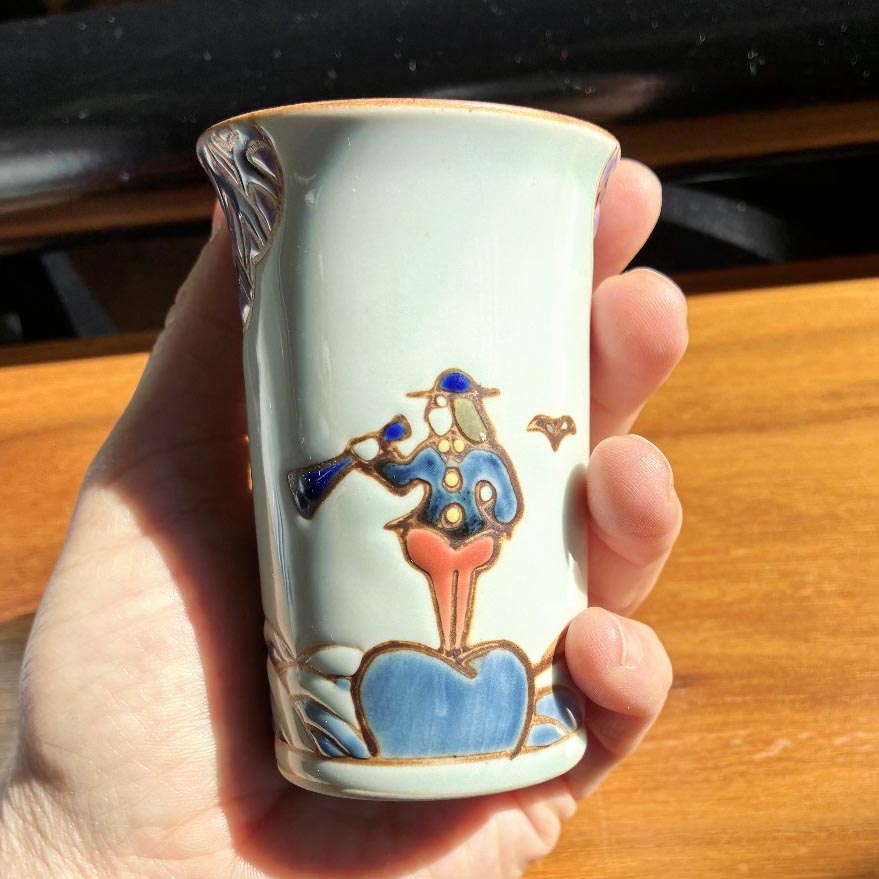 Hand-painted, embossed Imari-yaki guinomi with dutch sailor & ship, Japan vintage