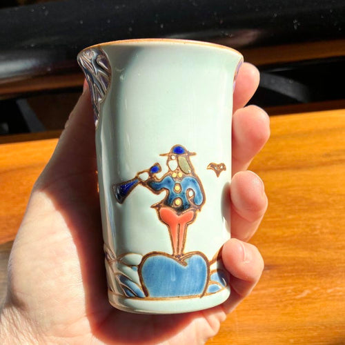 Hand-painted, embossed Imari-yaki guinomi with dutch sailor & ship, Japan vintage