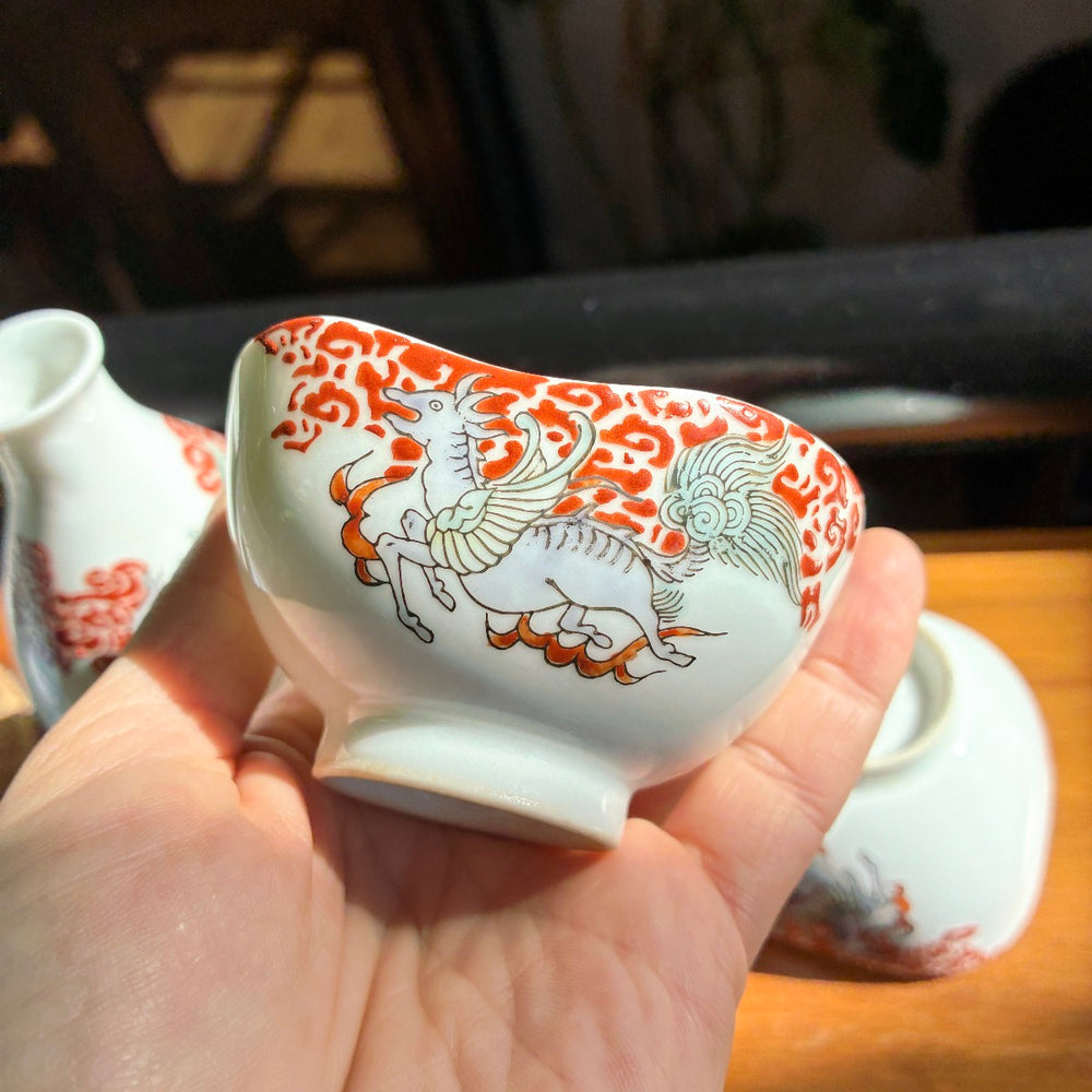 Hand-painted kirin & red clouds tokkuri & 2 cup set, Japan vintage