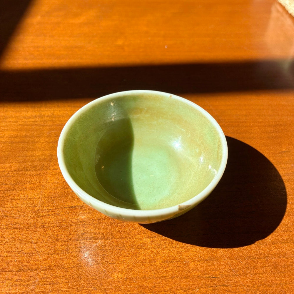 Sea-green, milk-glassy patterned texture ochoko, Japan vintage