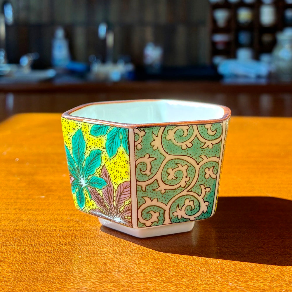 Six-sided ochoko with momiji and arabesque patterns, Japan vintage
