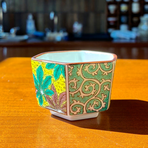 Six-sided ochoko with momiji and arabesque patterns, Japan vintage