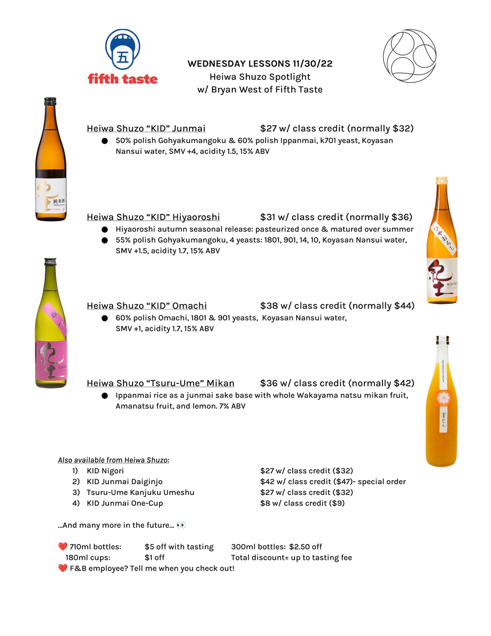 Wednesday Lessons 11/30/22 Heiwa Shuzo Spotlight w/ Bryan West of Fifth Taste — the printed sheet