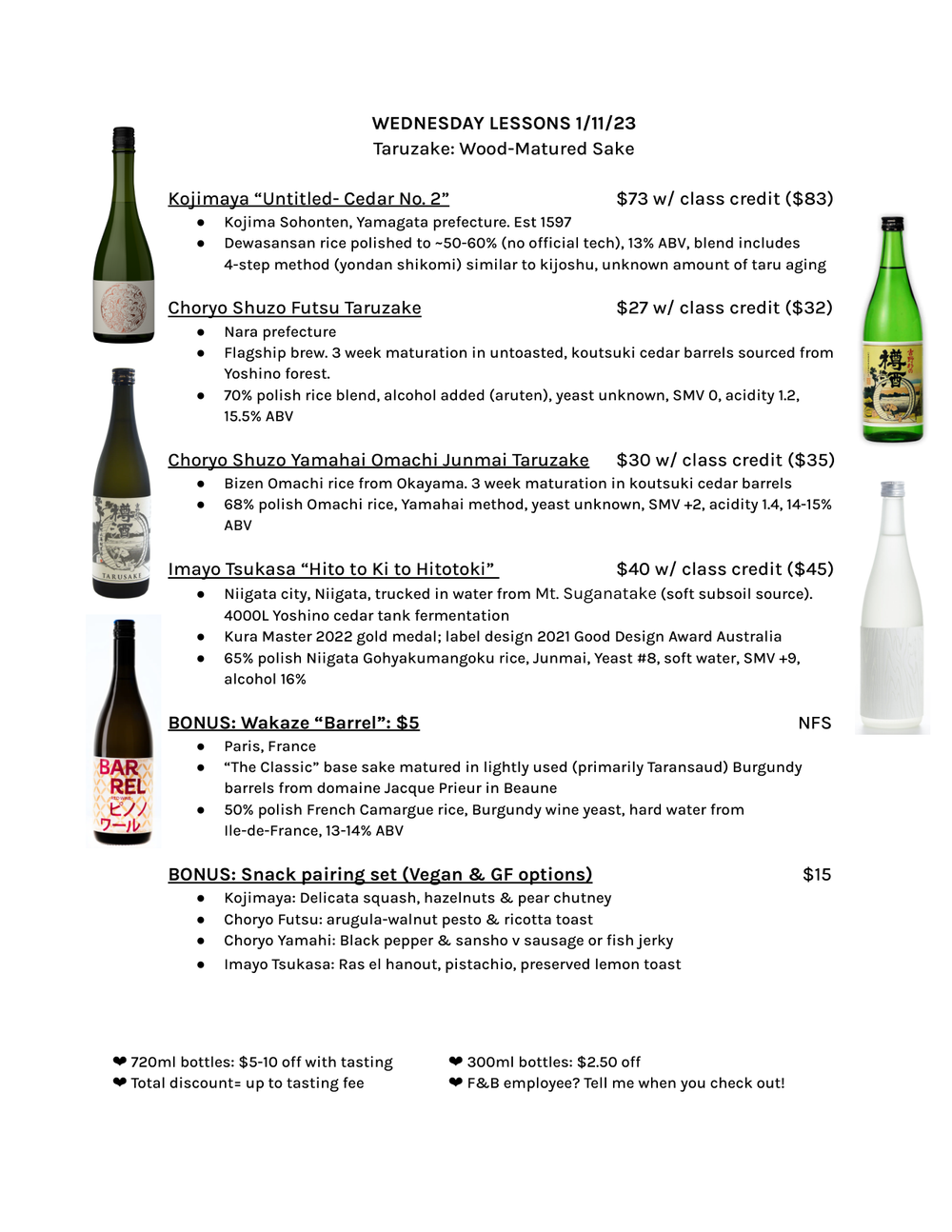 Wednesday Lessons 1/11/23 Taruzake: Wood-Matured Sake — the printed sheet
