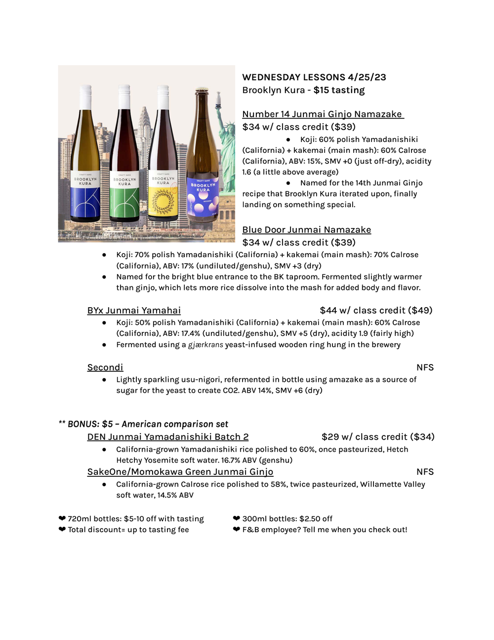 Wednesday Lessons 4/25/23 Brooklyn Kura - $15 tasting — the printed sheet