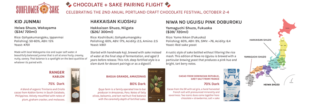 Chocolate + Sake Pairing Flight — the printed sheet