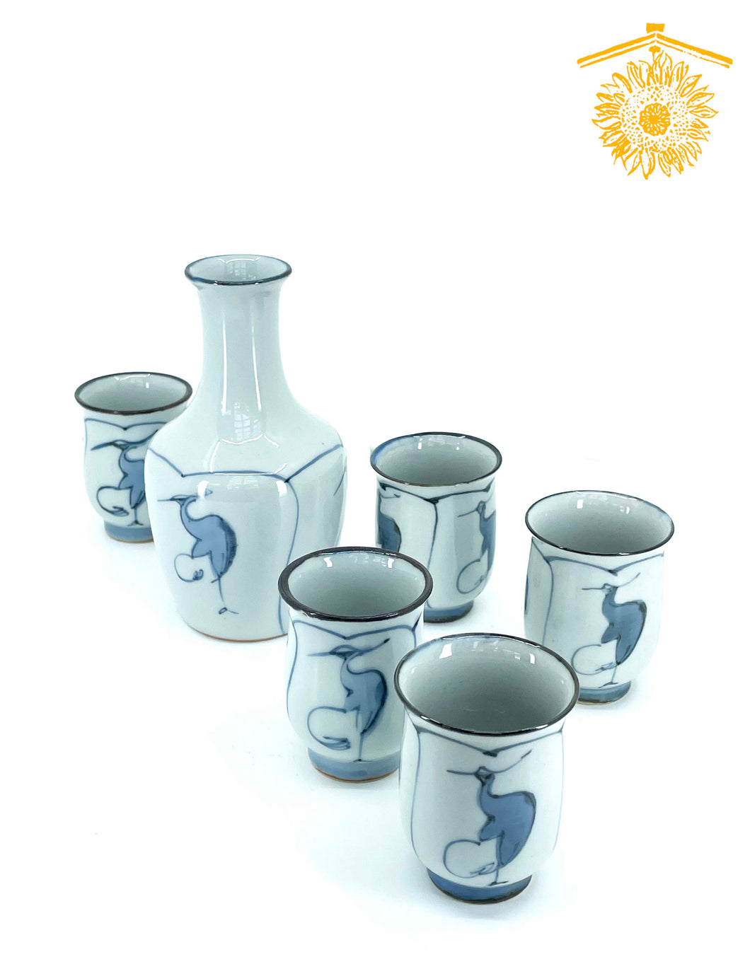 Standing Crane Arita-ware set with 1 tokkuri and 5 ochoko