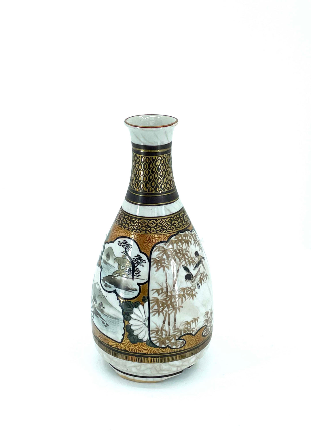Kutani-ware porcelain tokkuri with fine scenic detail, vintage