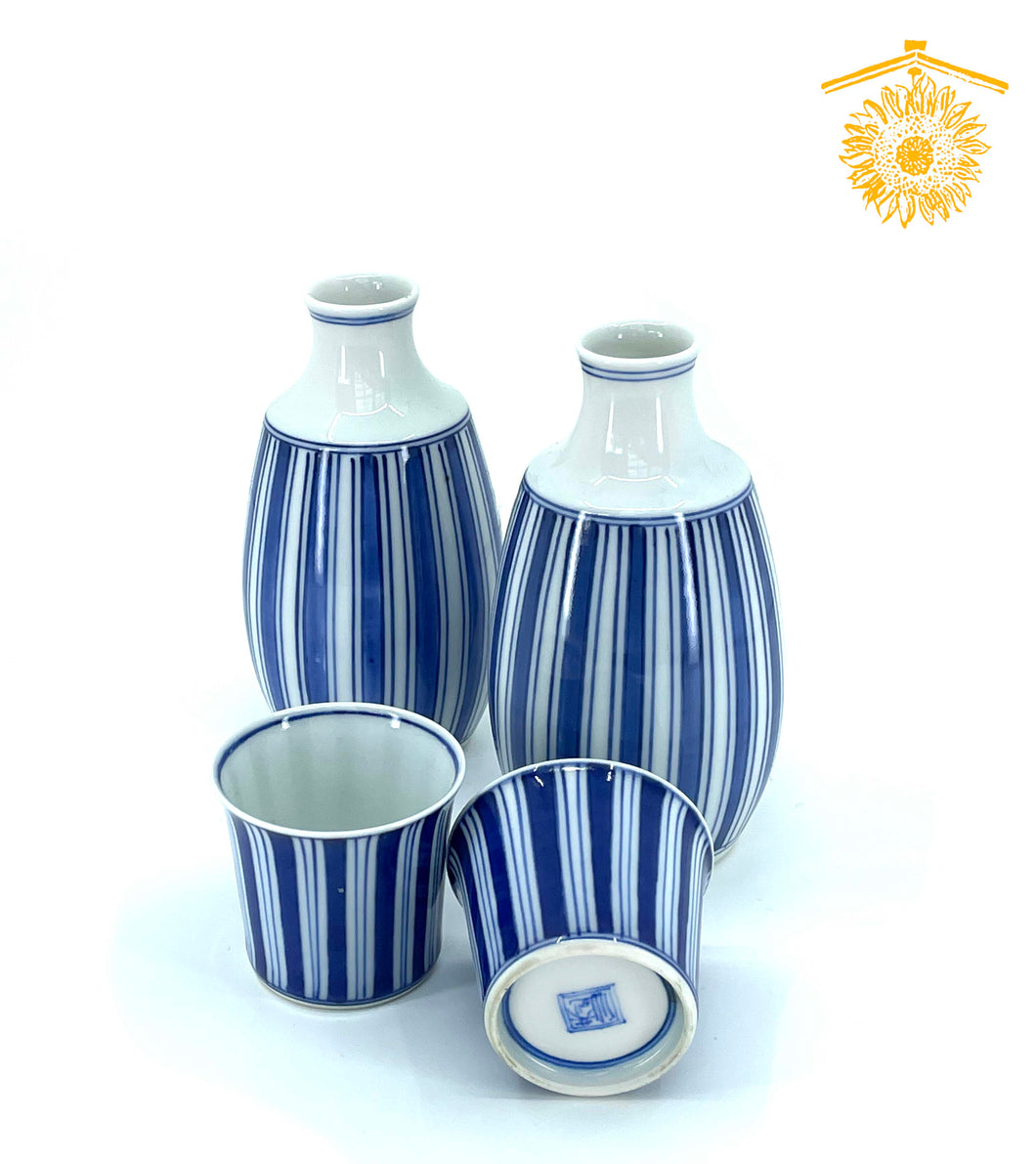 Hasami-ware striped celadon blue sake set: 1 tokkuri, 1 cup (2 available)